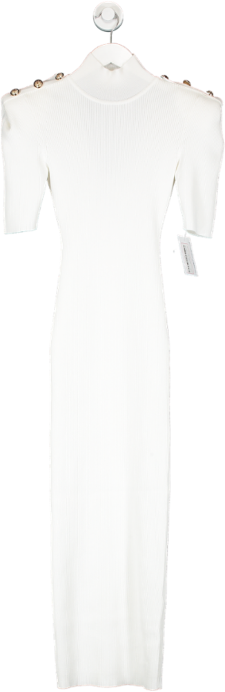 Karen Millen White Petite Viscose Blend Rib Knit Power Shoulder Military Trim Maxi Dress UK XS