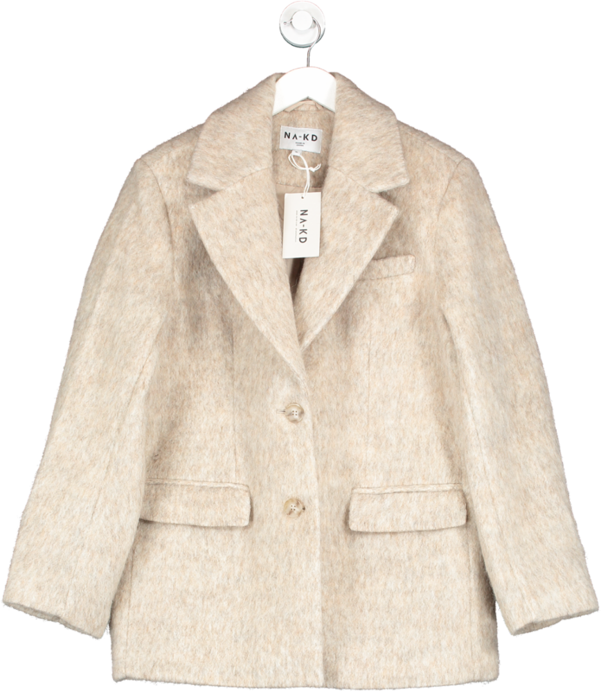 NA-KD Beige Classic Wool Blend Short Coat UK 8