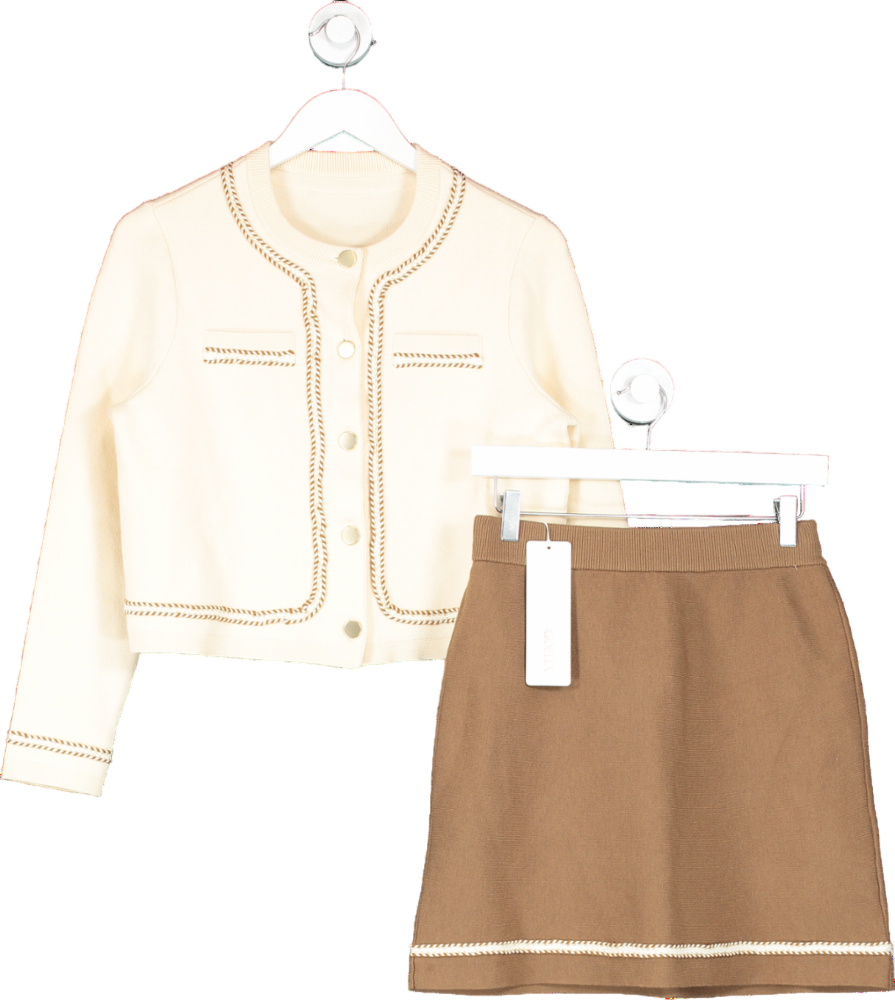 Goelia Cream Brown/cream Knitted Cropped Jacket And Skirt Two Piece Suit UK S