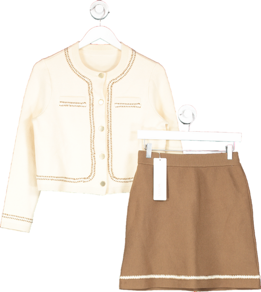 Goelia Cream Brown/cream Knitted Cropped Jacket And Skirt Two Piece Suit UK S