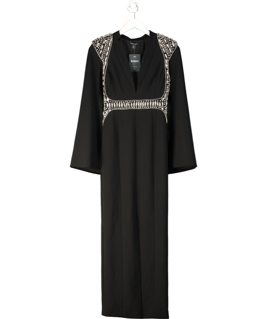 Karen Millen Black Embellished Caddy Plunge Cape Sleeve Woven Midi Dress UK 6