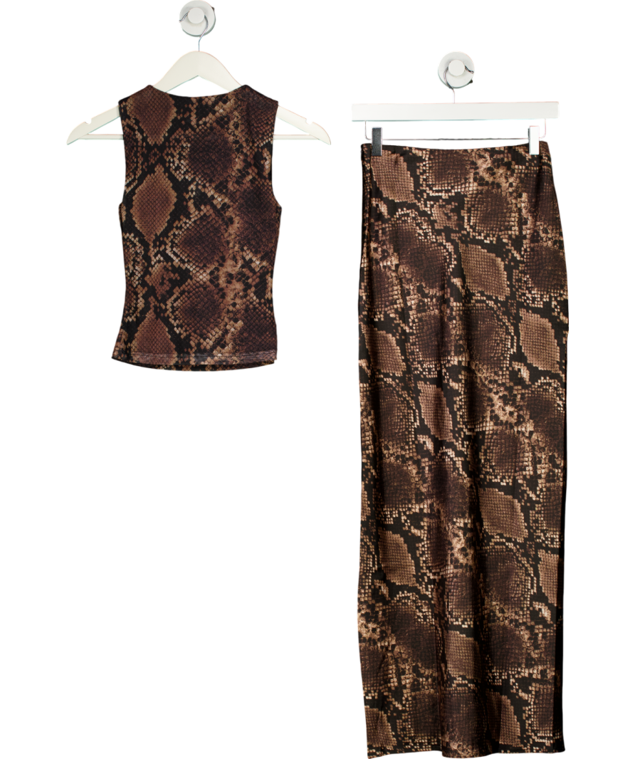 4th & Reckless 2-piece Brown Satin Maxi Skirt In Snake Print And Halter Neck Top set  UK 6
