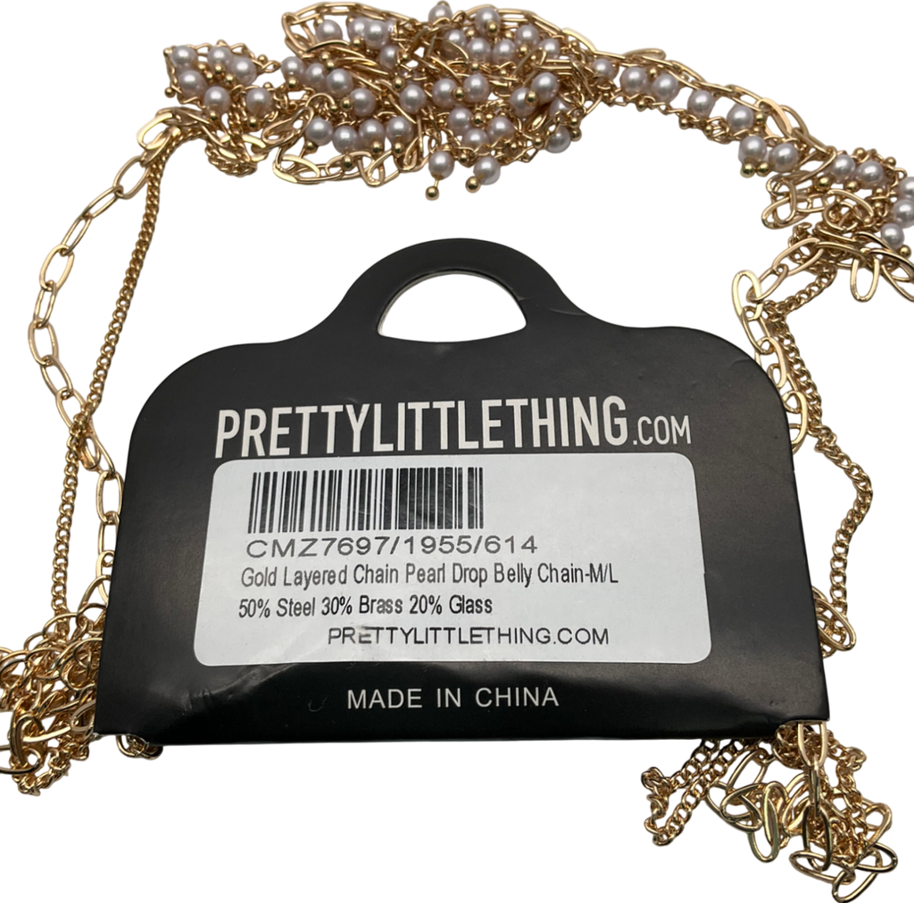 PrettyLittleThing Gold Layered Pearl Drop Belly Chain UK M/L