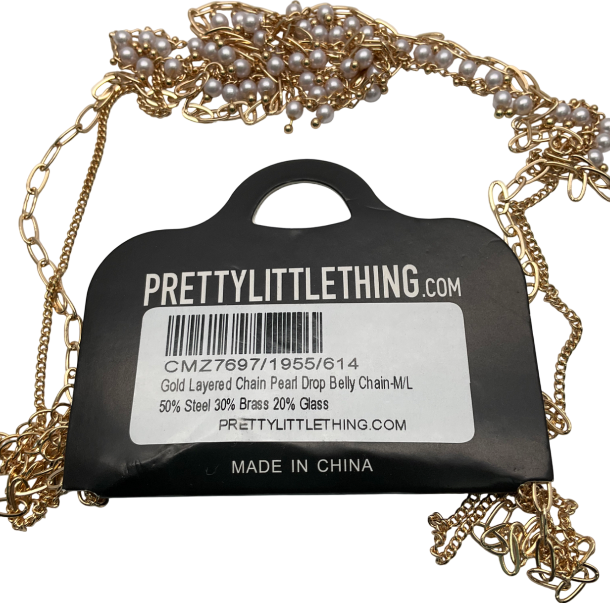 PrettyLittleThing Gold Layered Pearl Drop Belly Chain UK M/L