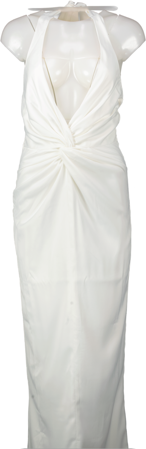 PrettyLittleThing White Satin Twist Plunge Halterneck Maxi Dress UK 8