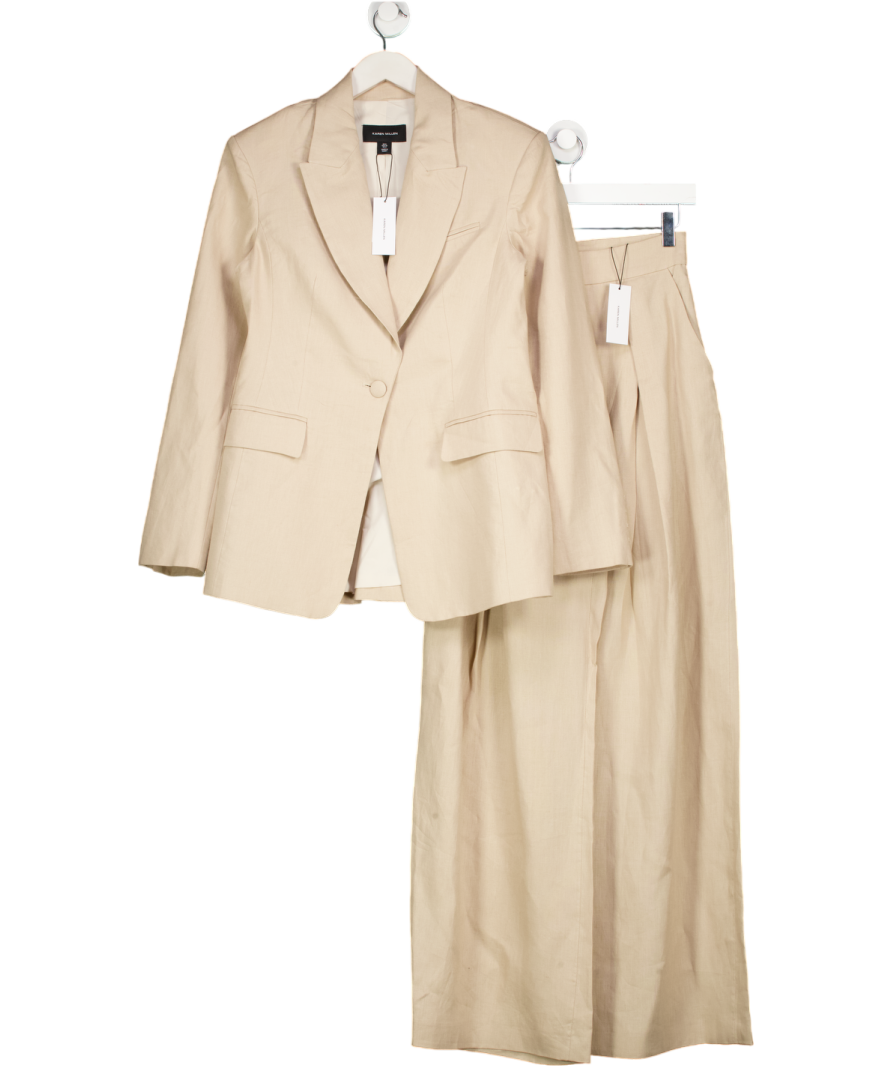 Karen Millen Beige 2-piece Linen Tailored  Blazer ( Uk 8) And Pleated Wide Leg Trousers UK 6