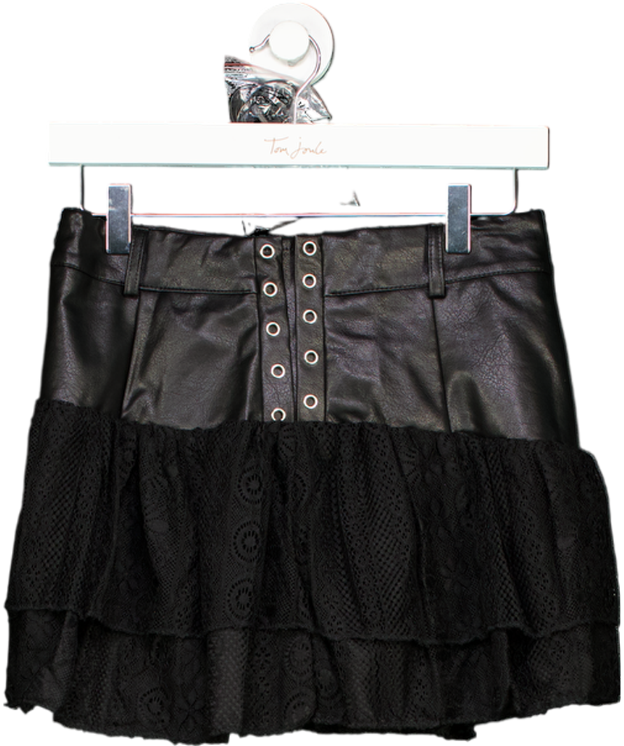 Ego Black High Waist Lace Up Detail Textured Frill Hem Mini Skirtb UK M