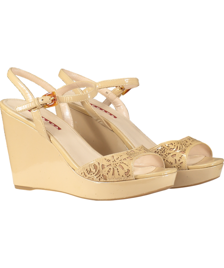Prada Beige Patent Vernice Soft 3 Wedge Heel sandals UK 6 EU 39 👠