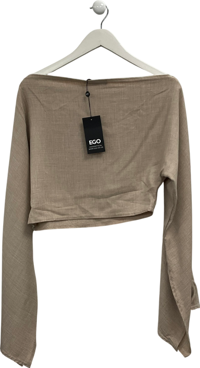 Ego Beige Open Neck Linen Look Top With Slashed Sleeves UK 14