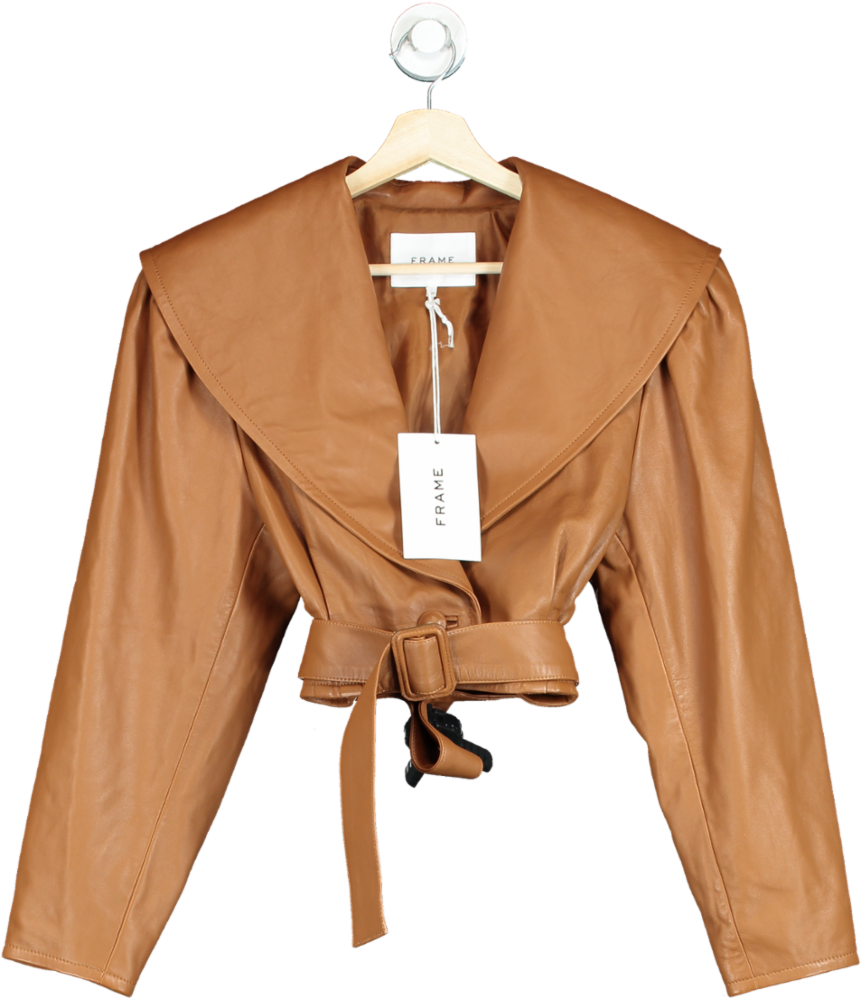 FRAME Camel Cropped Belted Leather Jacket W23 UK S