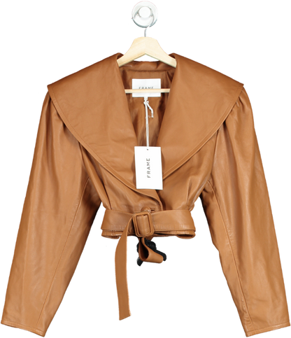 FRAME Camel Cropped Belted Leather Jacket W23 UK S