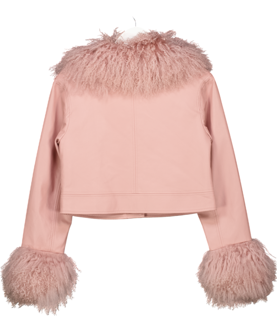 Charlotte Simone Pink Cropped Penny Mongolian Trim Jacket UK XS