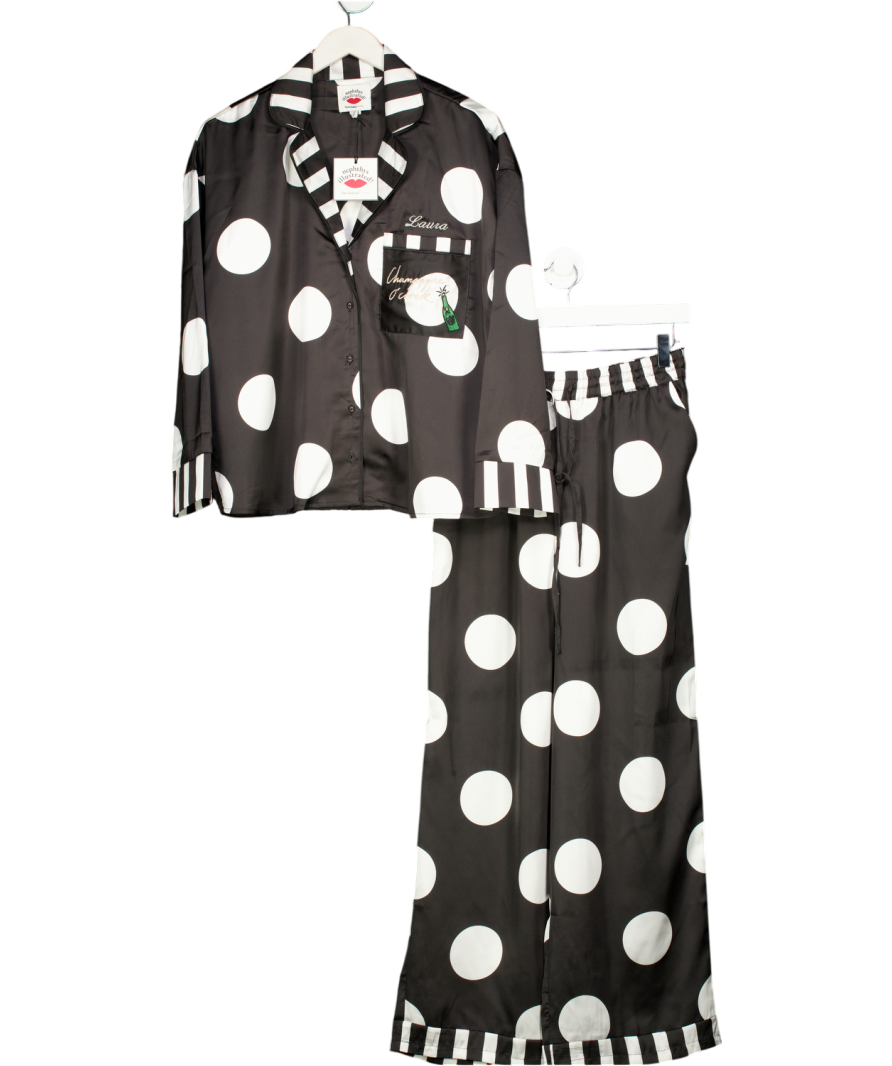 River Island Black Nephthys Satin Spot Print Pyjama Set - Personalised "laura" UK S
