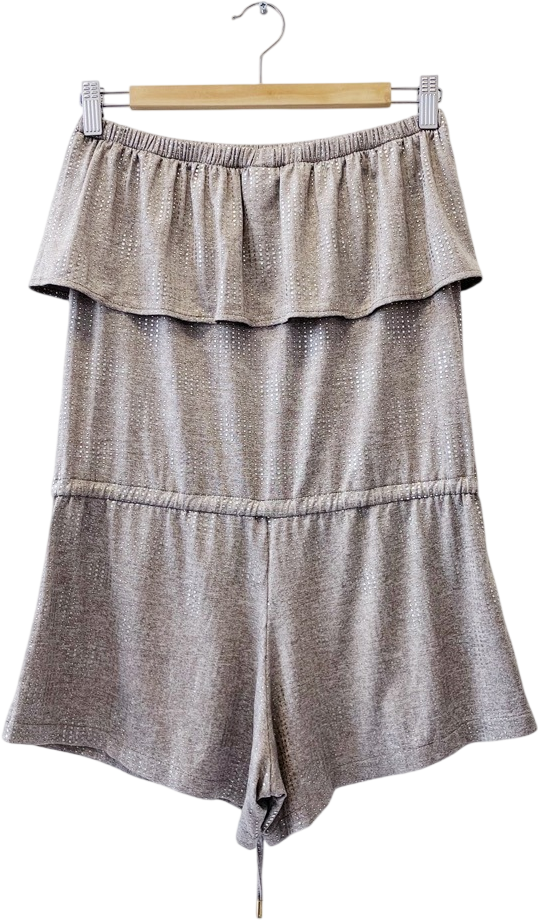 Melissa Odabash Grey Strapless Ruffle Detail Metallic Silver Dotted Playsuit UK S