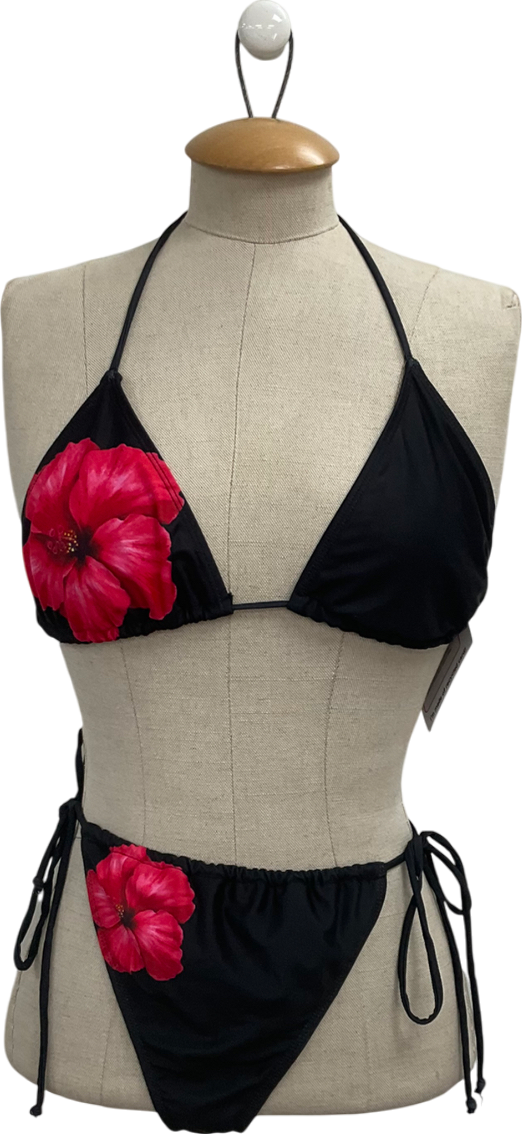 PrettyLittleThing Black Hibiscus Flower Bikini - Bottoms Uk 12, Top UK 14