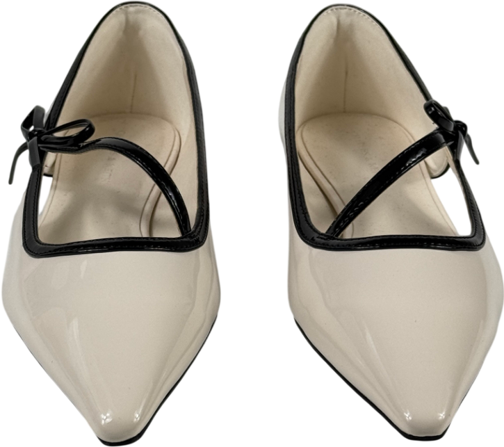 CHARLES & KEITH Patent Contrast-trim Pointed-toe Bow-strap Flats - Chalk White UK 4 EU 37 👠