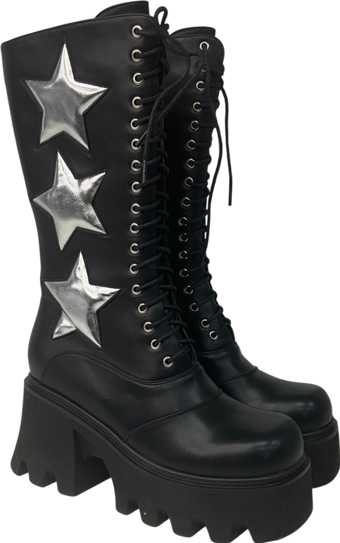 la moda Black 'big League' Chunky Platform Calf Boots UK 8 EU 41 👠