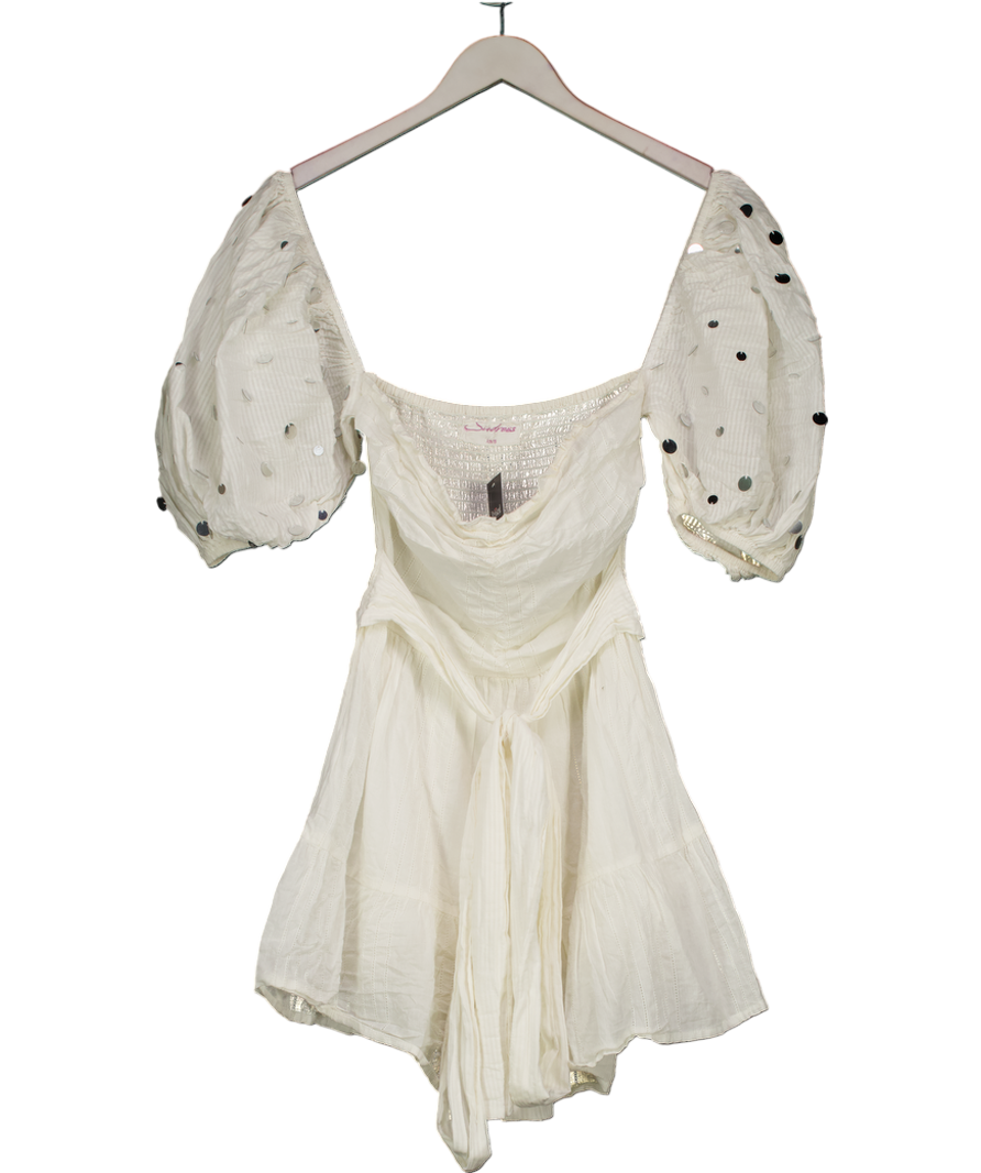 Sundress White Cotton Bardot Puff Sleeve Sequin Mini Dress UK XS/S
