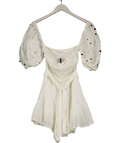 Sundress White Cotton Bardot Puff Sleeve Sequin Mini Dress UK XS/S