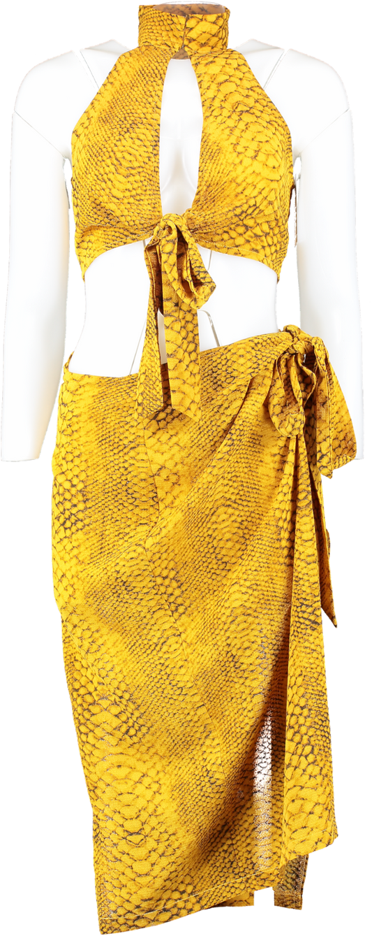 PrettyLittleThing Yellow Snake Print Halterneck Top And Tie Side Midi Skirt UK 6