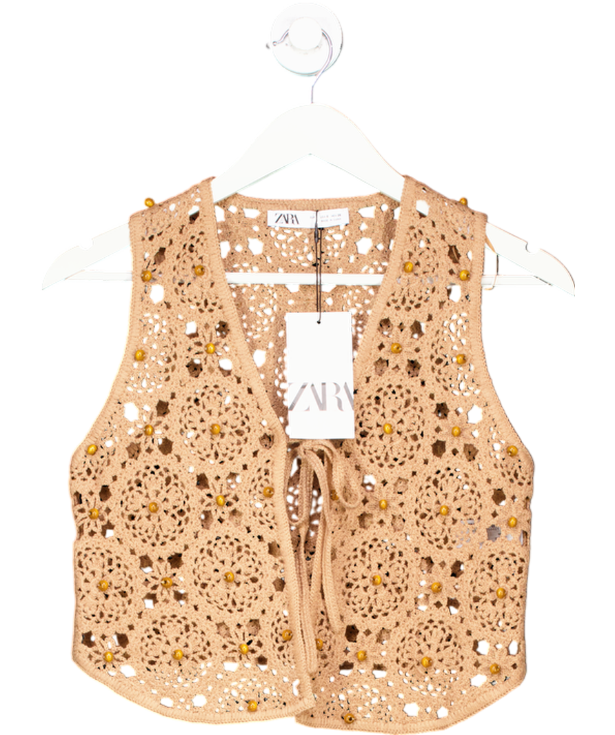 ZARA Beige Beaded Crochet Waistcoat UK S