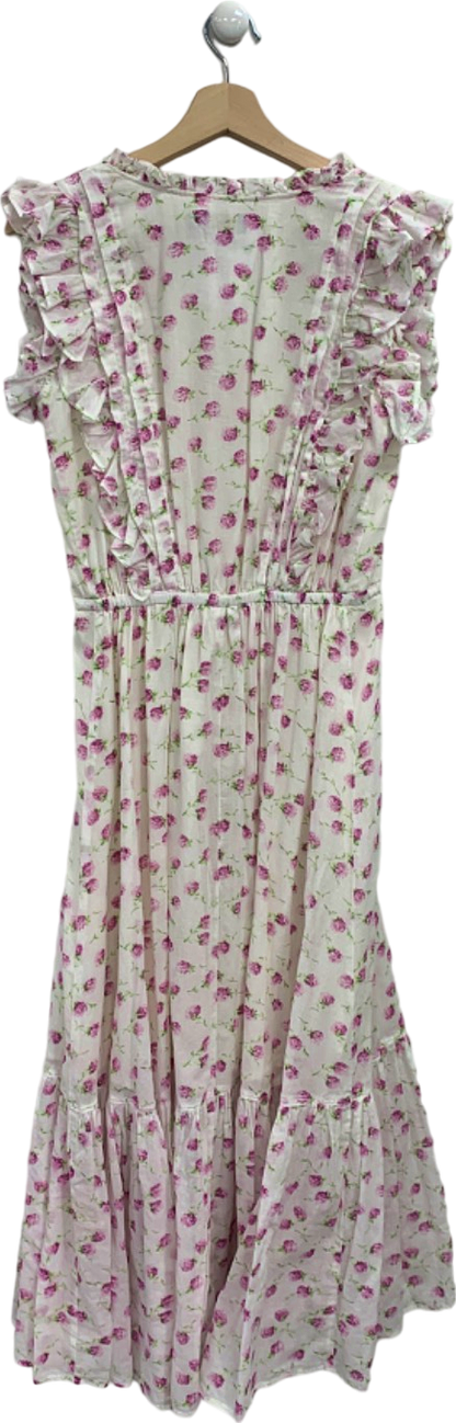 Polo Ralph Lauren White/Pink Floral Ruffled Midi Dress UK 6/8