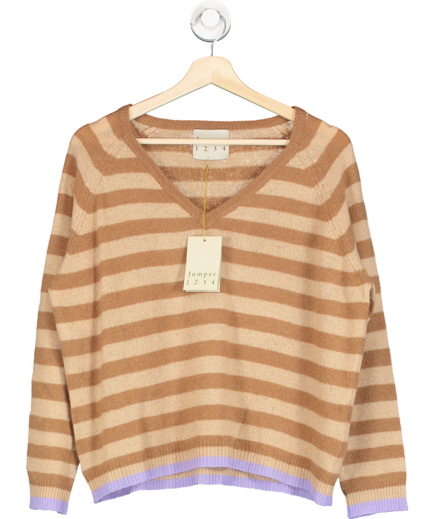 Jumper1234 Beige 100% Cashmere V-neck Striped Jumper Sz 2 UK 10