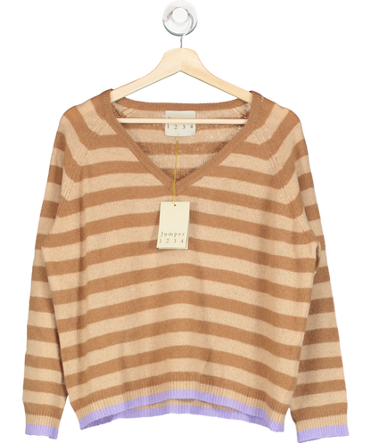 Jumper1234 Beige 100% Cashmere V-neck Striped Jumper Sz 2 UK 10