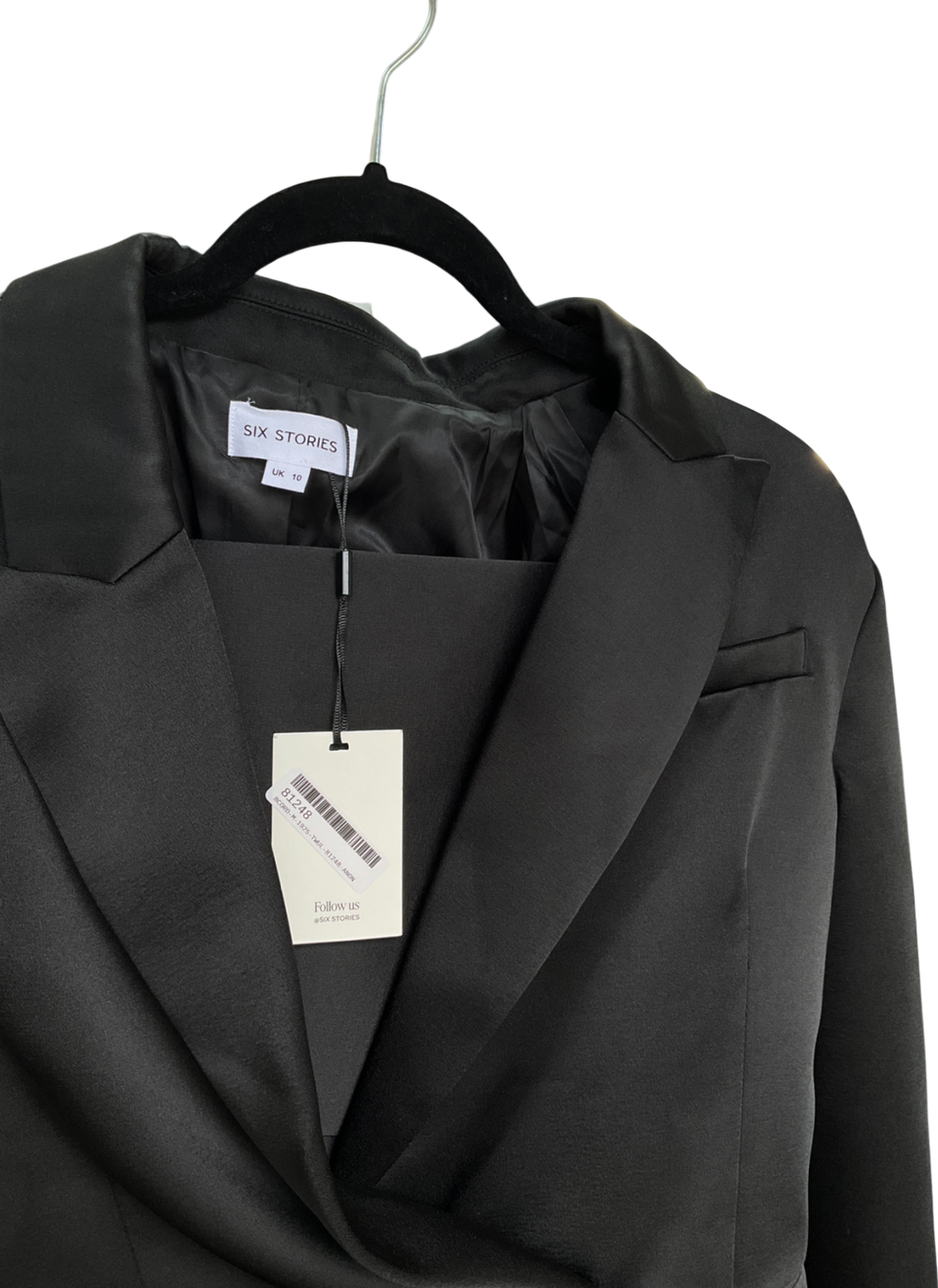 six stories Black Satin Tailored Jacket & Satin Tailored Mini Skirt UK 10