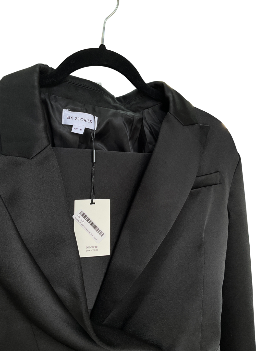 six stories Black Satin Tailored Jacket & Satin Tailored Mini Skirt UK 10