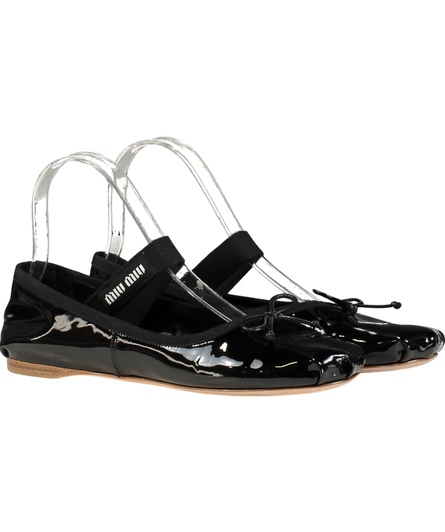 Miu Miu Black Patent Leather Logo Strap Ballerina Pumps UK 5 EU 38 👠