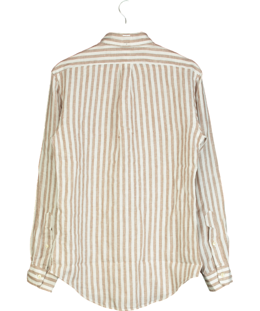 Polo Ralph Lauren Beige/Ivory 100% Linen Logo Embroidered Striped Shirt UK S