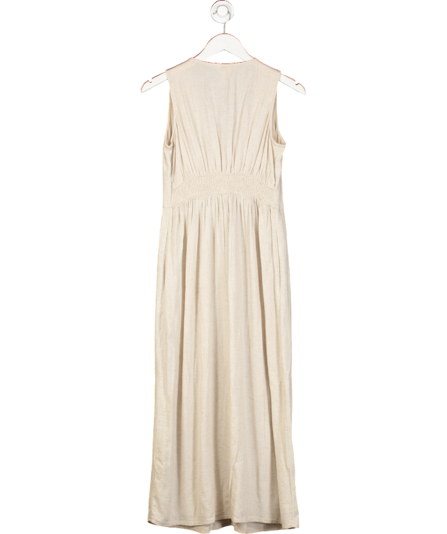 River Island Beige Natural Linen-blend Embroidered Midi Dress UK 6