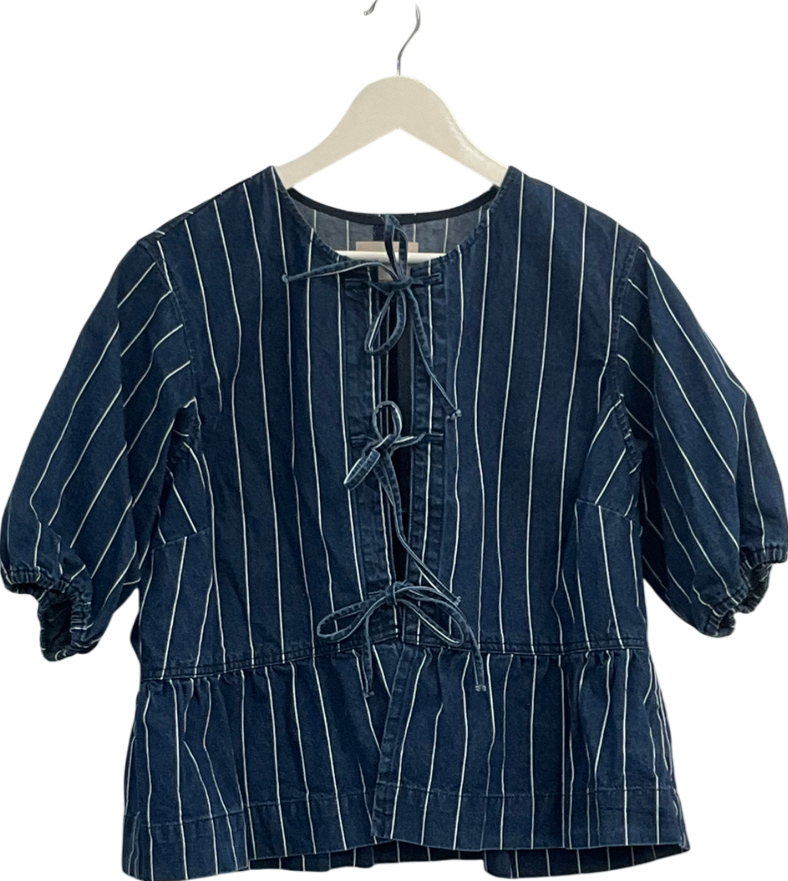 SimplyBe Striped Blue Tie Front Denim Peplum Blouse UK 16