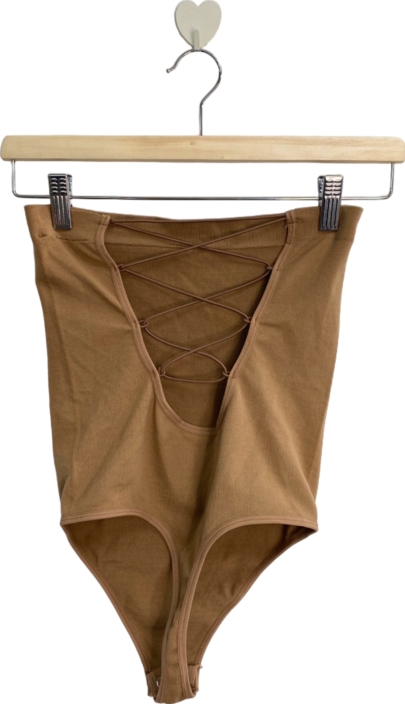 ANWIND Brown Ribbed Thong Bodysuit with Lace-Up Design UK S/M