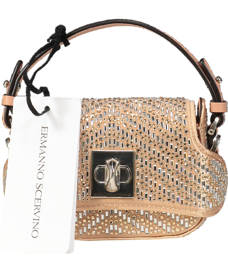 Ermanno Scervino Nude Mini Crystal Leather Bag with top handle & detachable shoulder strap