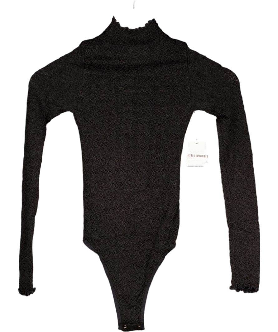 Free People Black Mara Mock Neck Long Sleeve Bodysuit UK M/L