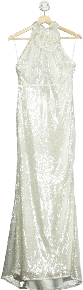 Karen Millen White Sequin Rosette Halter Woven Maxi Dress UK 6