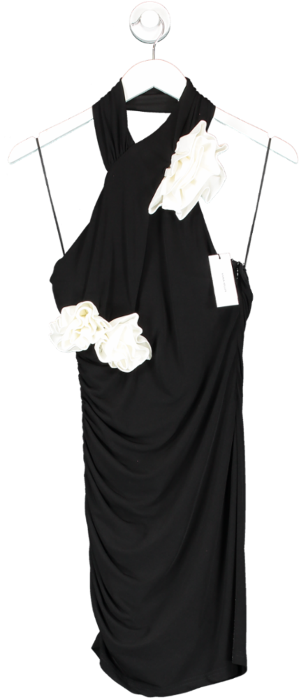 Karen Millen Black Drapey Ruched Jersey Rosette Mini Dress UK S
