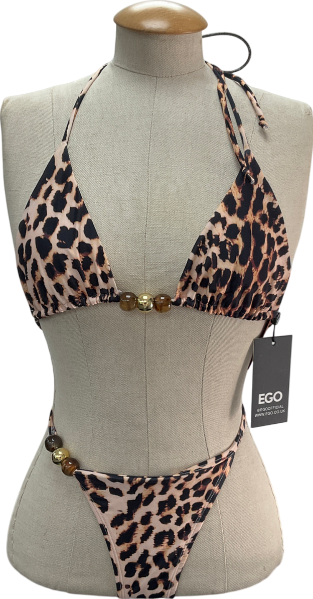 Ego Brown Beaded Strap Triangle Bikini Set In Leopard Print UK 14