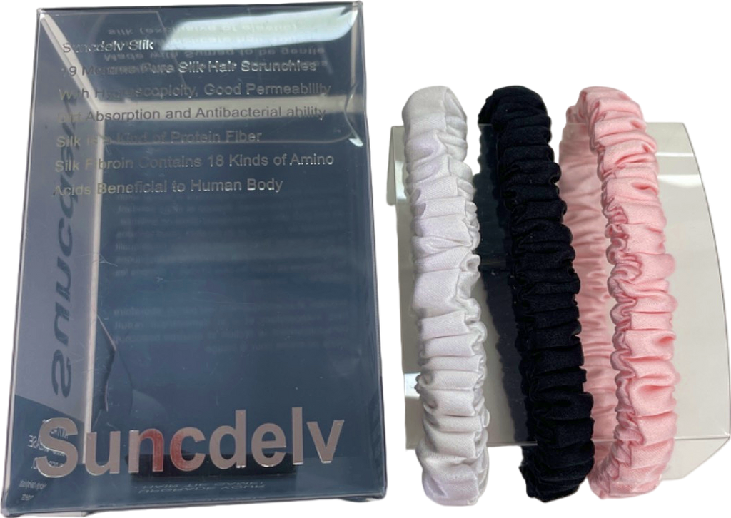 .Silk Black/White/Pink Pure 100% Silk Hair Scrunchies Set of 3