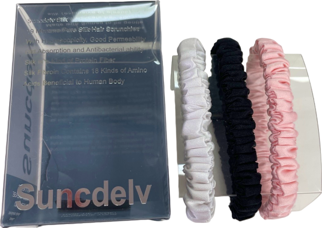 .Silk Black/White/Pink Pure 100% Silk Hair Scrunchies Set of 3