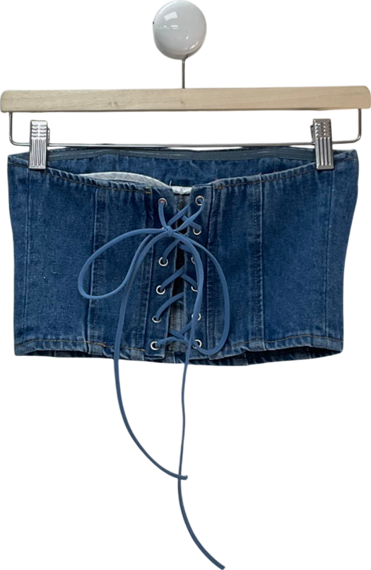 edikted Blue Denim Floral Corset Bandeau Top UK S