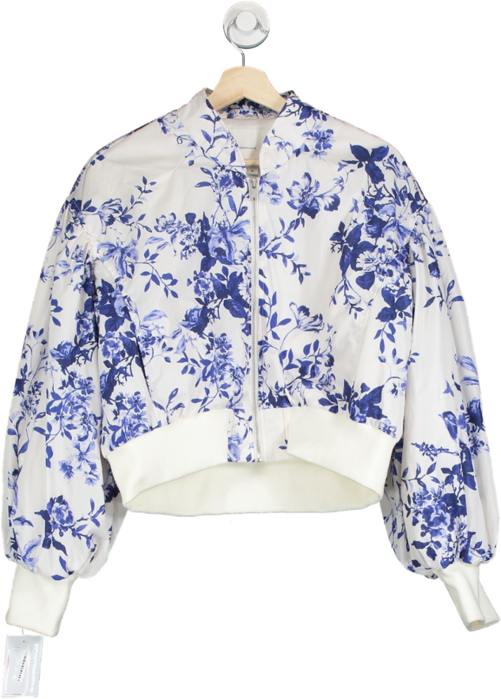 Anthropologie White Floral Puff Sleeve Bomber Jacket M