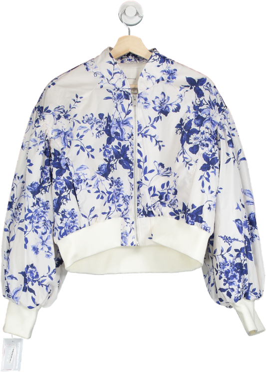 Anthropologie White Floral Puff Sleeve Bomber Jacket M
