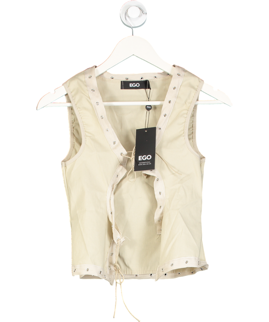 Ego Beige Sleeveless Eyefront Detail Tie Front Top UK 8