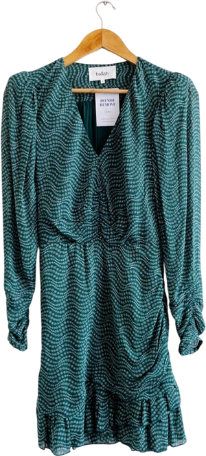 Ba&sh Green Long Sleeve Frill Hem Dress Sz0 UK 6