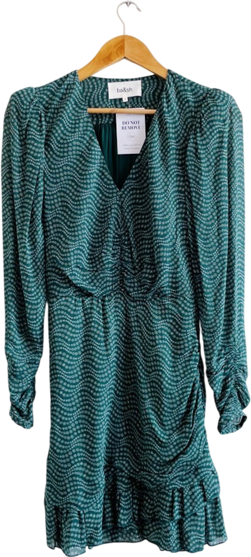 Ba&sh Green Long Sleeve Frill Hem Dress Sz0 UK 6