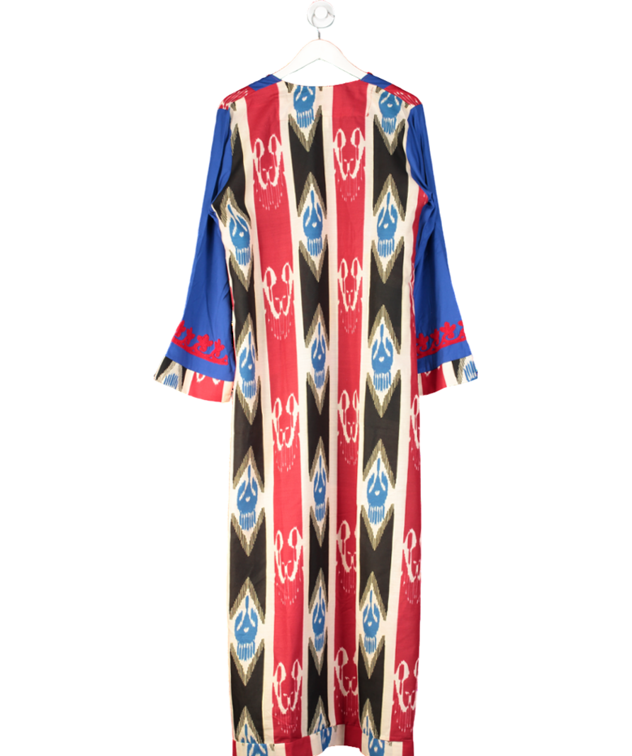 Blue Patterned Embroidered Smock Kaftan Maxi Dress One Size