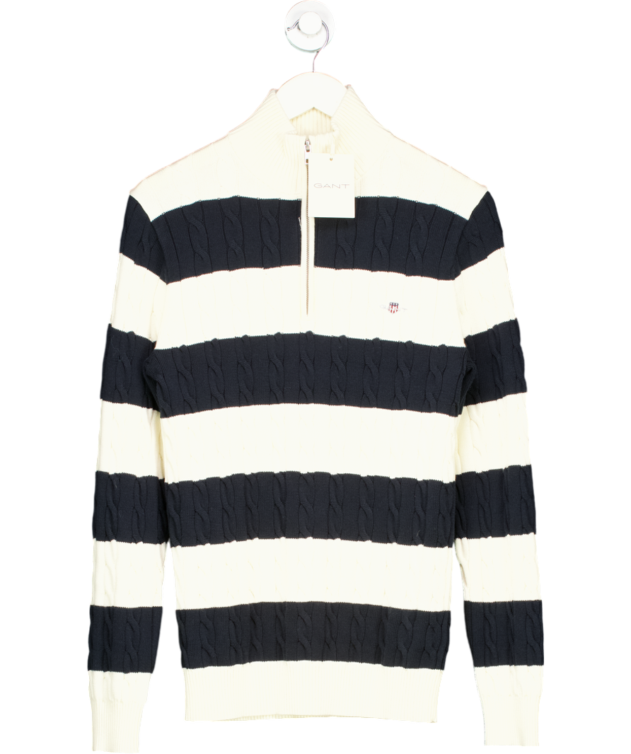 GANT Cream Striped Cotton Cable Knit Half-zip Sweater UK S